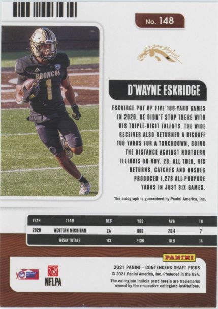 2021 Panini Contenders Draft Dwayne Eskridge Rookie Auto Red College Ticket