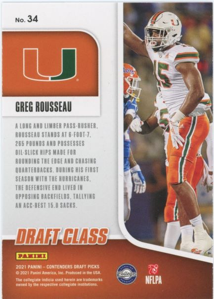 2021 Contenders Draft Picks Greg Rousseau Draft Class Rookie #34