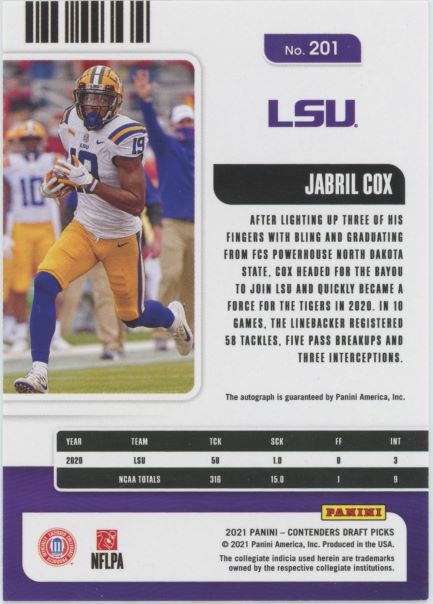 2021 Contenders Draft Picks Jabril Cox Rookie Auto Red College Ticket #201