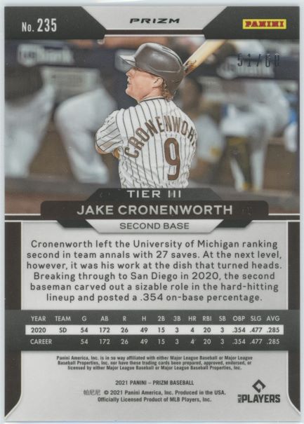 2021 Panini Prizm Jake Cronenworth Rookie Blue Wave #51/60 #235