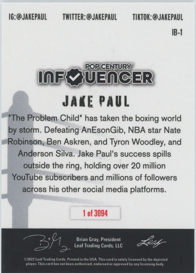 2022 Leaf Jake Paul Pop Century Influencer #1 of 3094 #IB-1