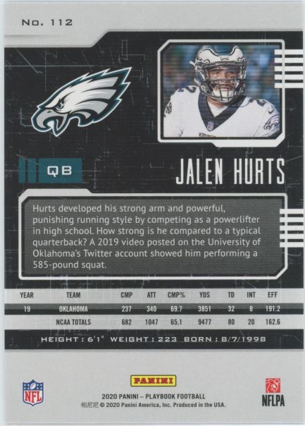 2020 Panini Playbook Jalen Hurts Rookie #112