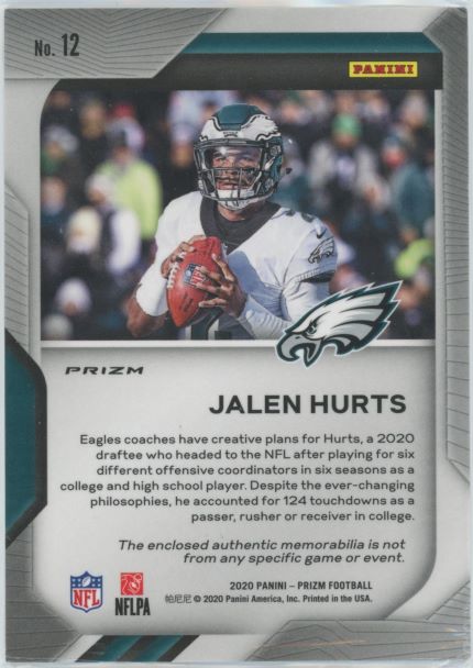 2020 NFL Panini Prizm Jalen Hurts Premier Patch Silver Rookie #12