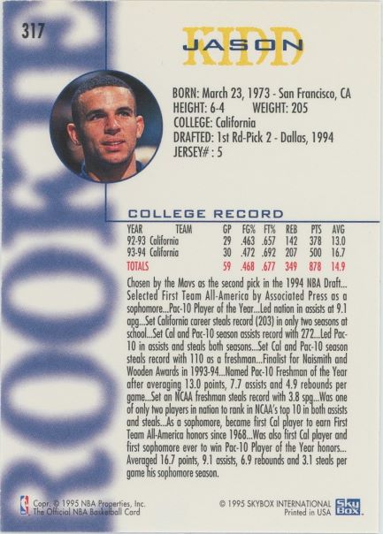 1995 NBA Hoops Jason Kidd Rookie #317