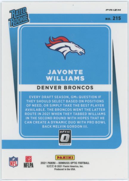 2021 Donruss Optic Javonte Williams Rated Rookie Silver #215