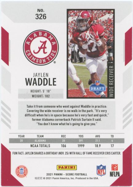 2021 Score Jaylen Waddle Rookie #326