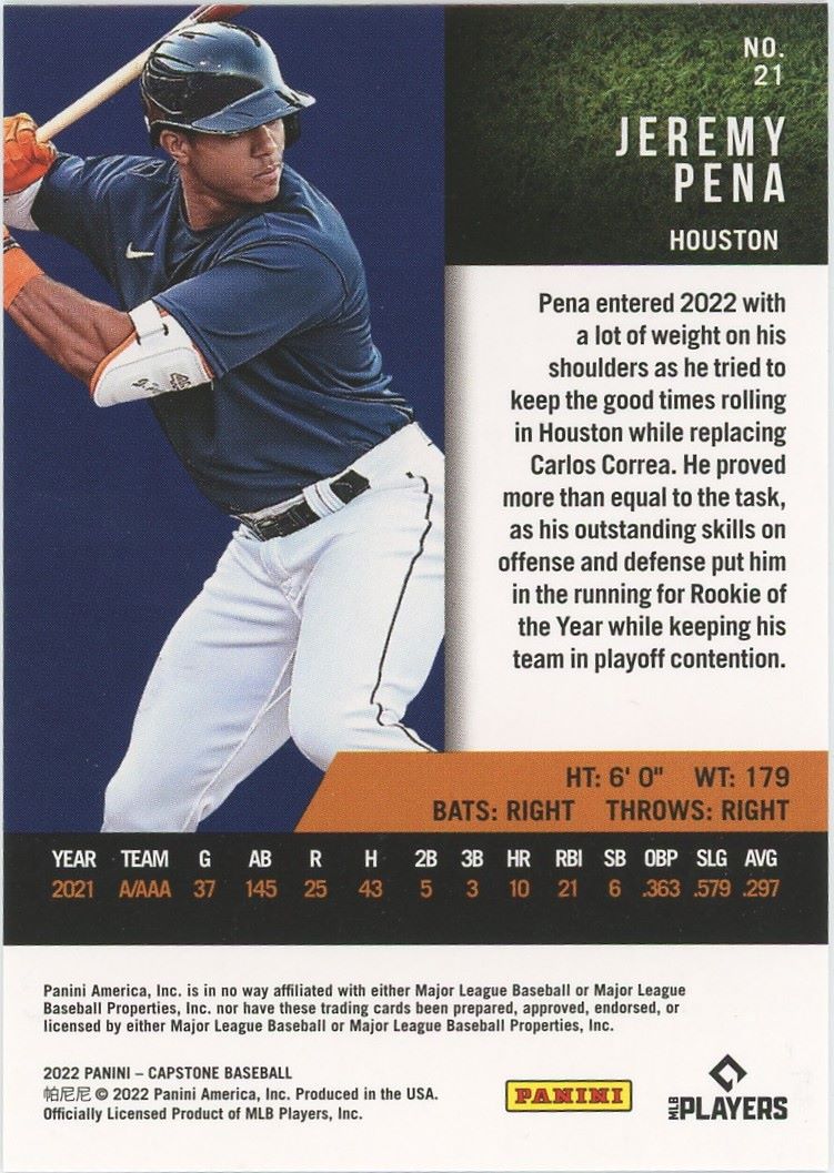 2022 Panini Capstone Jeremy Pena Rookie #21