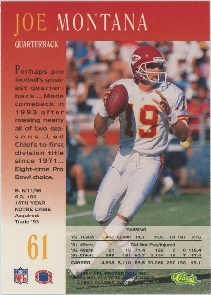 1994 Classic Joe Montana Pro Line Live #61