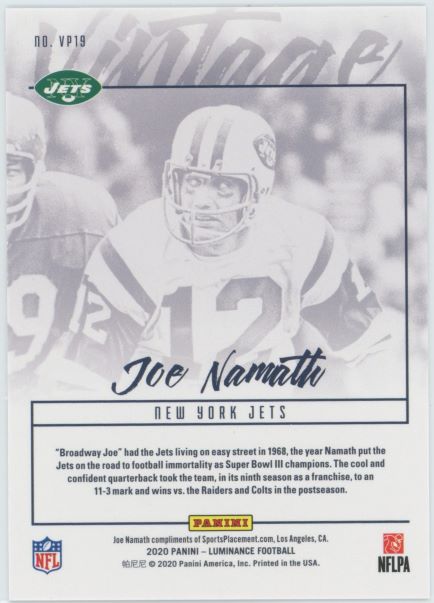 2020 Panini Luminance Joe Namath Vintage Performers Orange #100/100