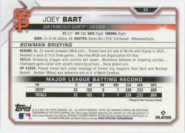 2021 Bowman Chrome Joey Bart Rookie #23