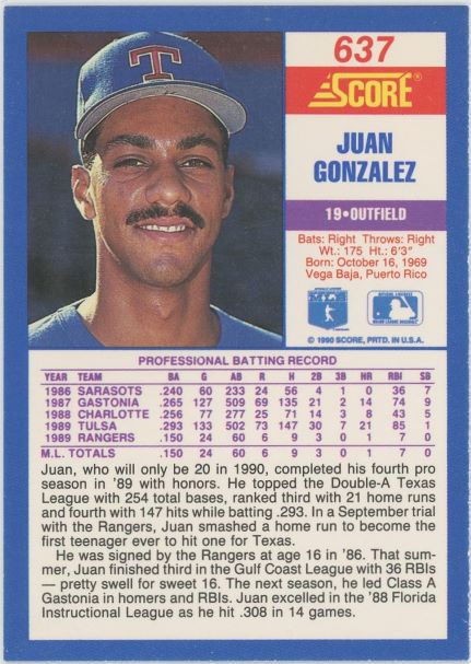 1990 Score Juan Gonzalez Rookie #637