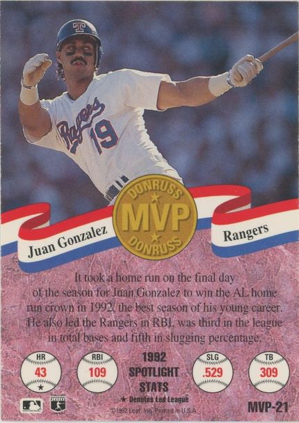 1993 Donruss Juan Gonzalez #MVP21