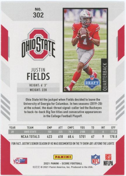 2021 Score Football Justin Fields Rookie #302