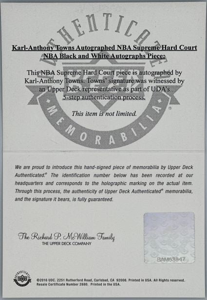 Karl Anthony Towns  Autographed Supreme Hard Court UD Black & White