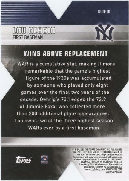 2020 Topps Lou Gehrig Decade of Dominance Die Cut #DOD-10