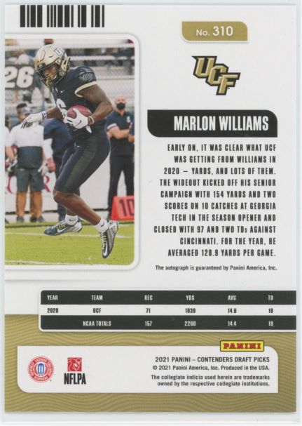 2021 Panini Contenders Draft Picks Marlon Williams College Ticket Red Foil Auto #310