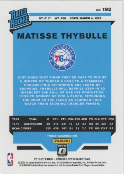 2019-20 Donruss Optic Matisse Thybulle Rated Rookie #192