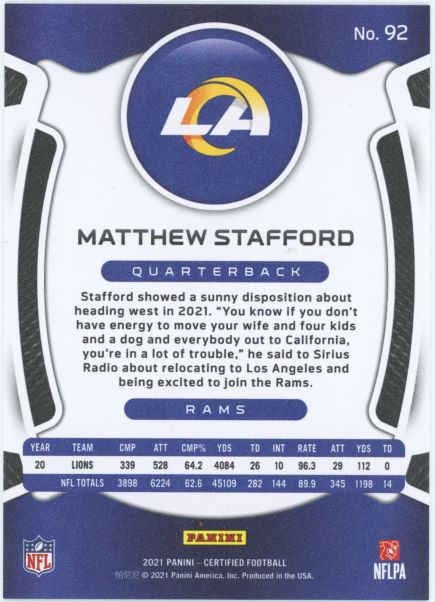 2021 Panini Certified Matthew Stafford  Orange #/149 #92