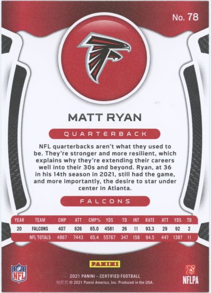 2021 Panini Certified Matt Ryan Mirror Bronze #073/249 #78