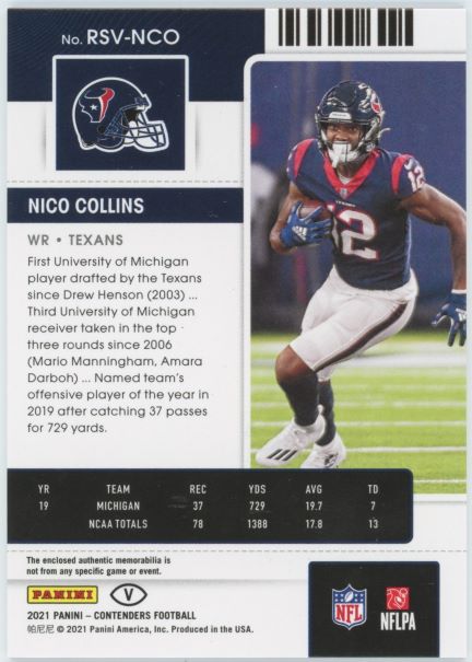 2021 Panini Contenders Nico Collins Green Rookie Ticket Jersey Patch #RSV-NCO