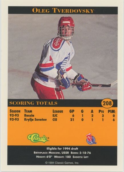 1994 Classic Oleg Tverdovsky Pro Hockey Prospects #208