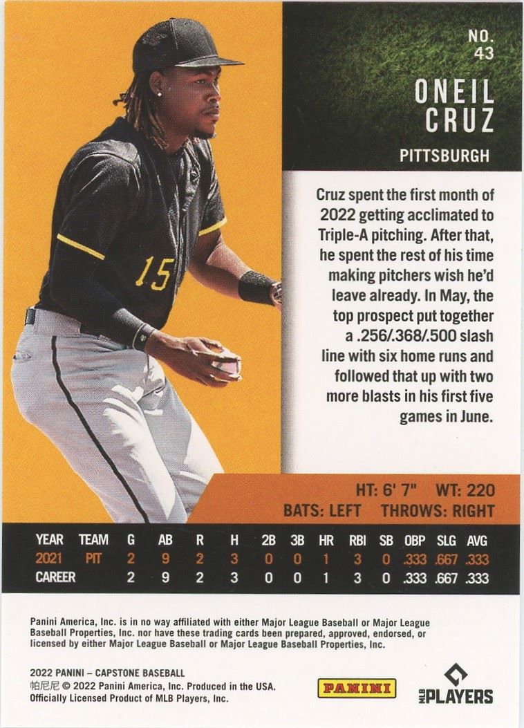 2022 Capstone Baseball Oneil Cruz Red Foil Rookie #43