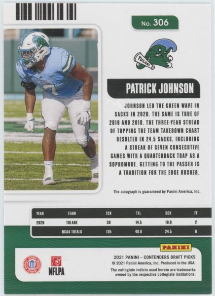 2021 Panini Contenders Draft Picks Patrick Johnson College Ticket Red #306