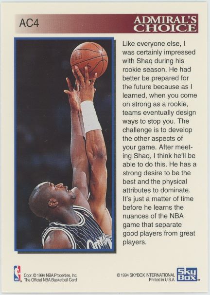 1994 NBA Hoops Shaq Oneill Admiral's Choice #AC4