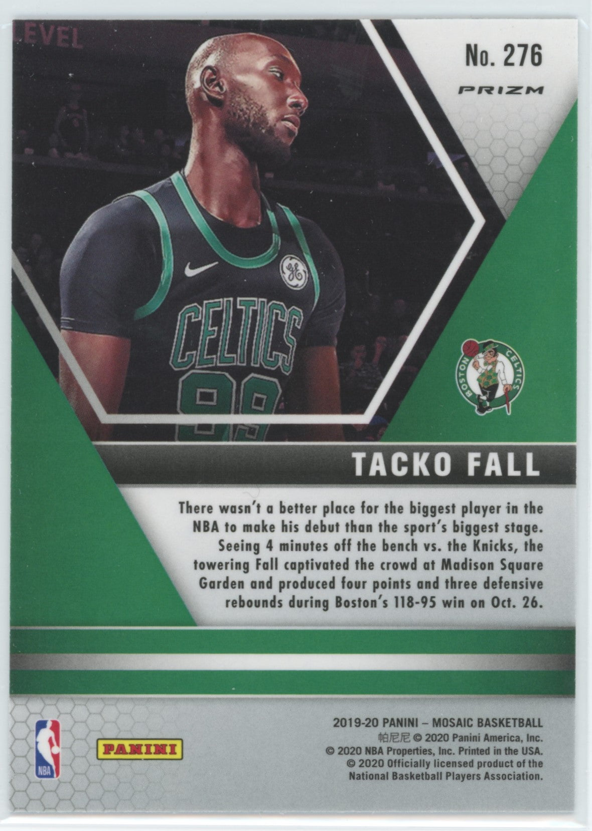 2019-20 Panini Mosaic Tacko Fall NBA Debut Green Rookie #276