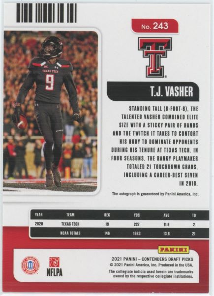 2021 Panini Contenders Draft Picks Tj Vasher College Ticket Auto Red Rookie #243