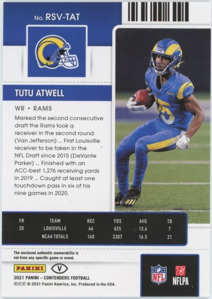 2021 Panini Contenders Tutu Atwell  Rookie Ticket Green Patch #RSV-TAT