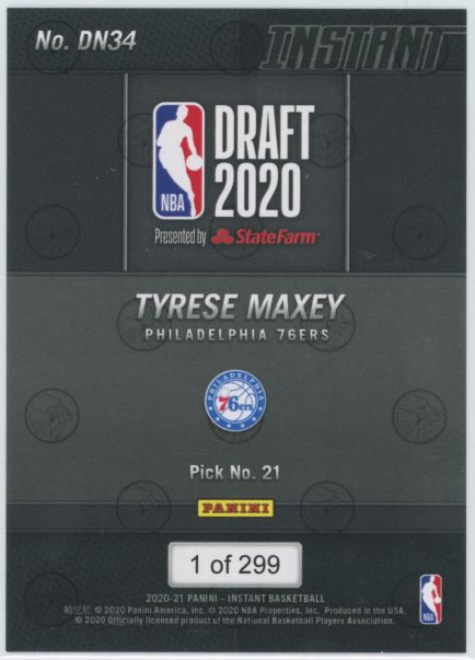 2020 Panini Instant Tyrese Maxey NBA Draft Night Rookie #DN34