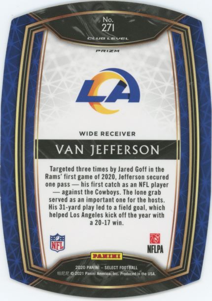 2020 Panini Select Van Jefferson Club Level Purple Prizm Die-Cut Rookie #271