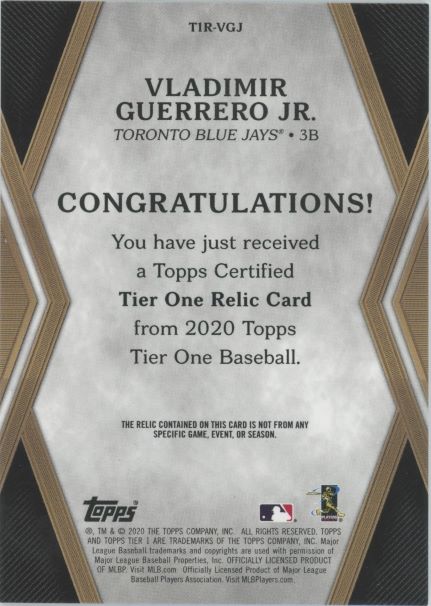 2020 Tier One Vladimir Guerrero Jr. Patch Relic #15/395