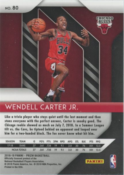 2018-19 Panini Prizm Wendell Carter Jr Rookie #80