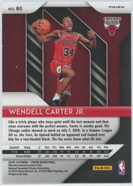 2018-19 Prizm Silver Wendell Carter Jr. Rookie #80