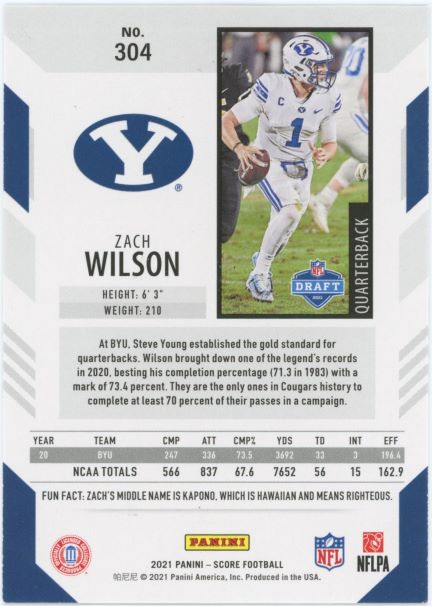 2021 Score Zach Wilson Rookie #304