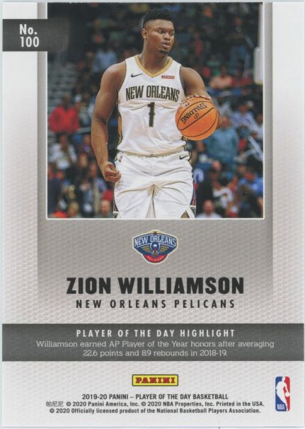 2019-20 Panini Zion Williamson Player Of The Day Rookie #100