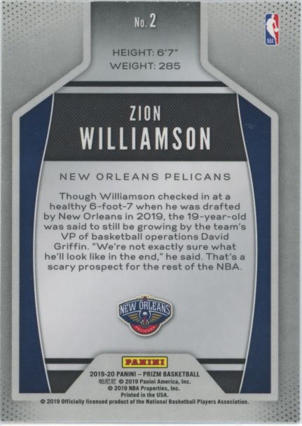 2019-20 Prizm Zion Williamson Instant Impact Rookie #2